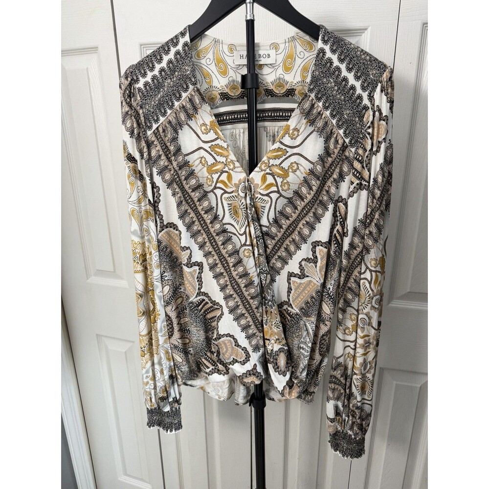 Hale Bob Zyana Jersey Wrap Top Womens Snap Close Blouse No Size Tag EUC